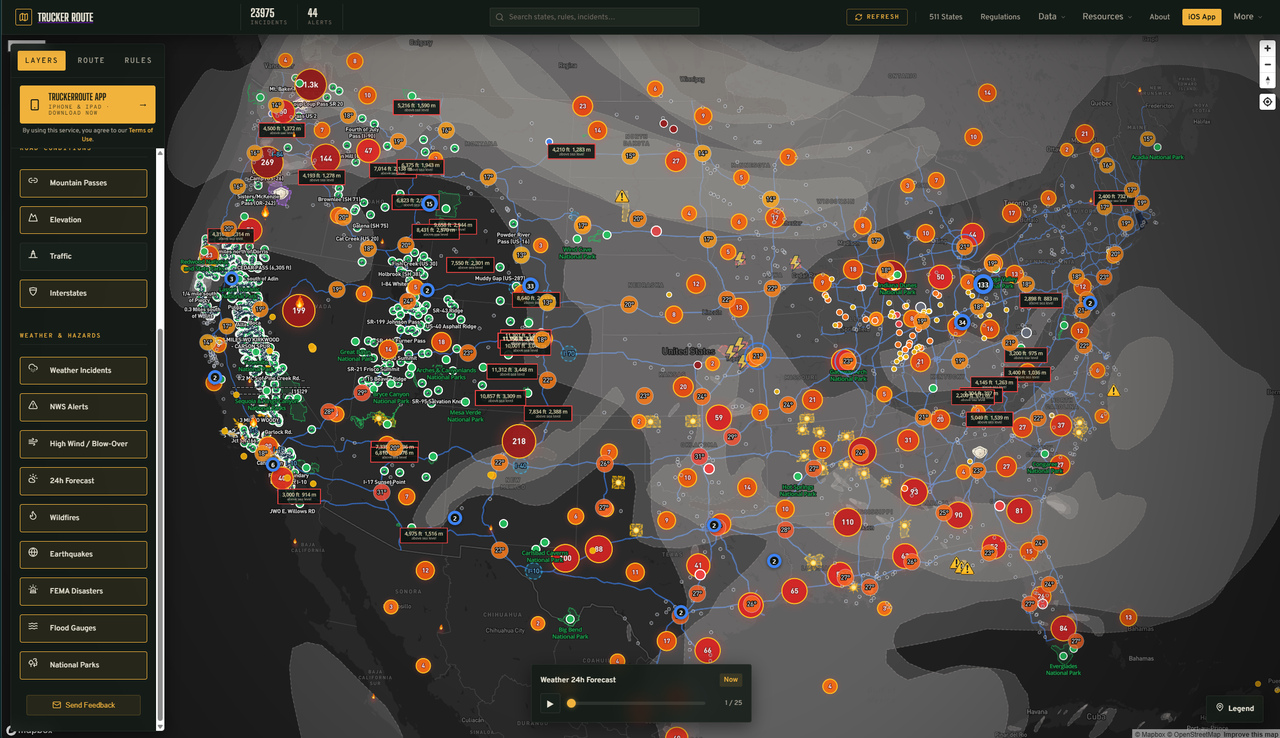 Trucker Route map with the layers panel open, temperature and hazard clusters across the country and a 24-hour weather forecast player