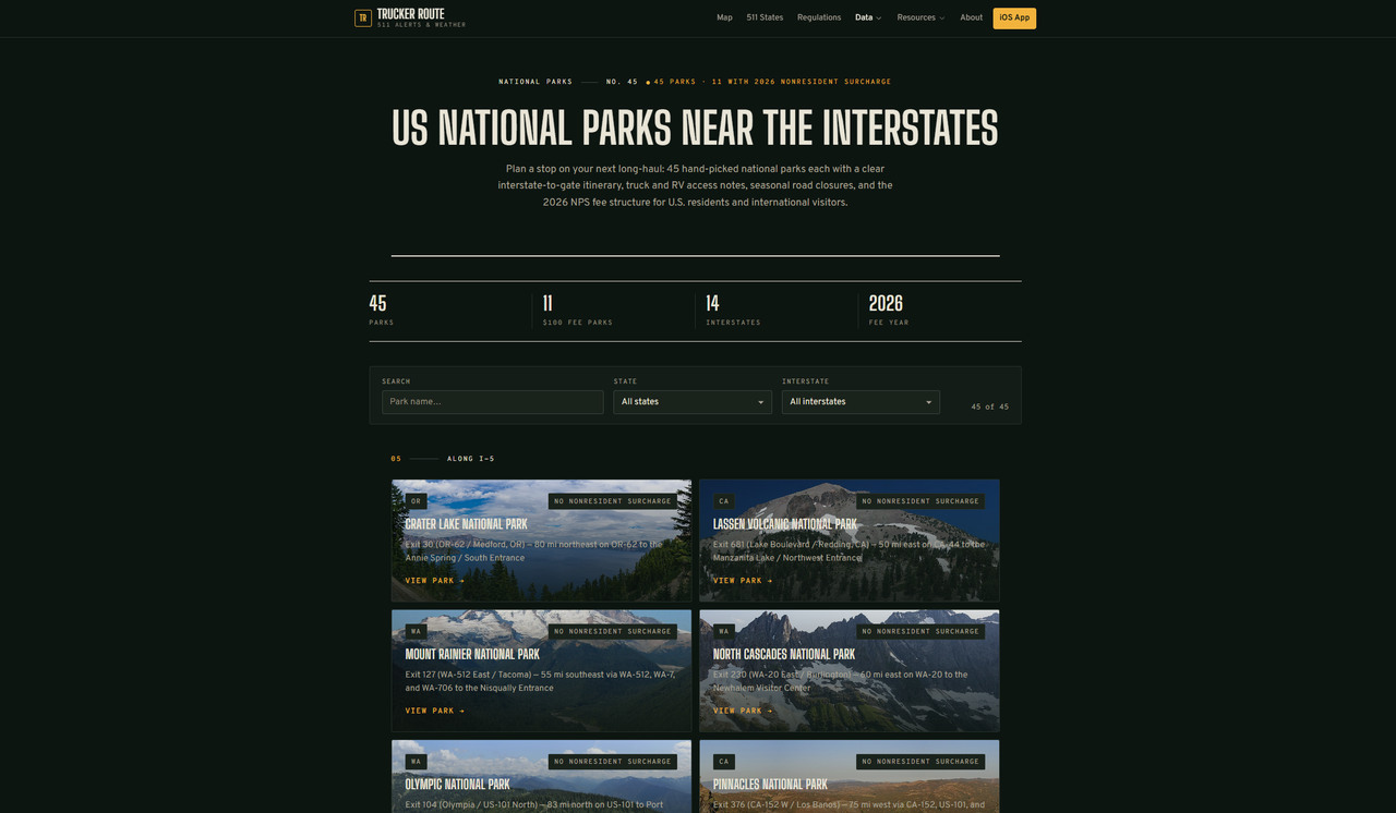 US National Parks Near The Interstates page with search filters and park cards showing exit-by-exit directions