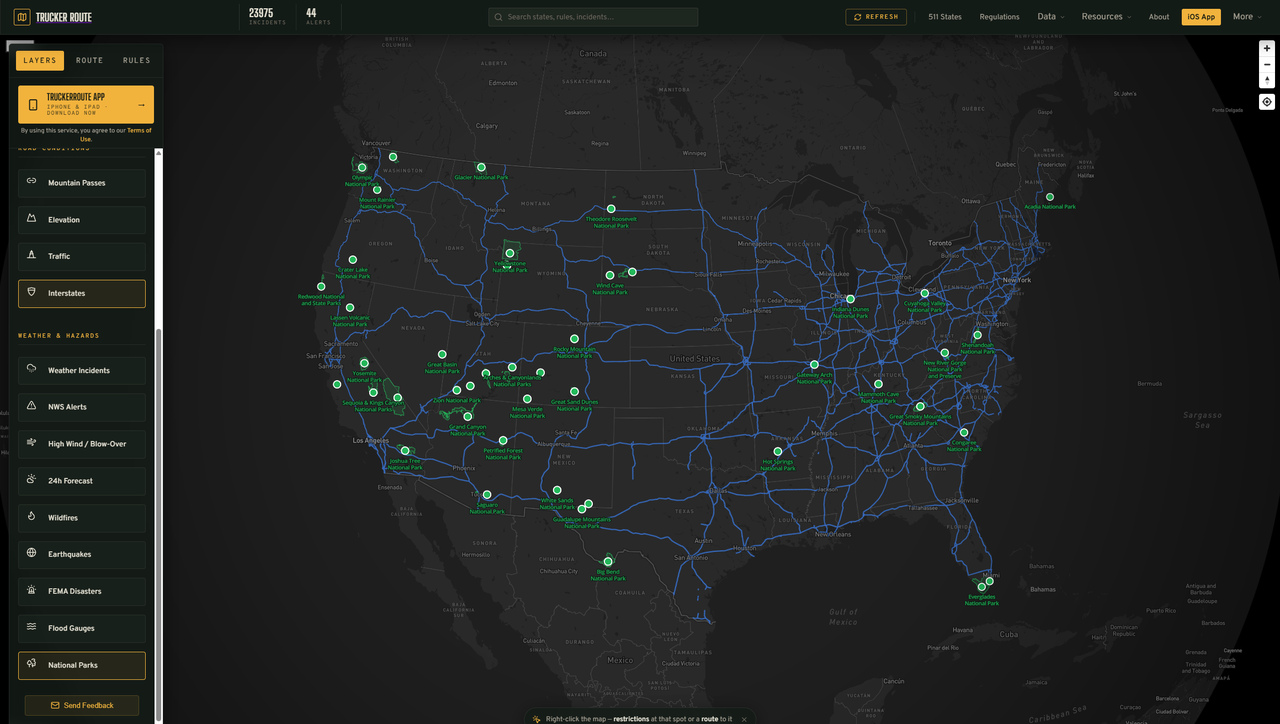 Trucker Route map showing the US interstate network with national park markers